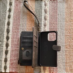 Gray Wallet Phone Case with Wrist Strap